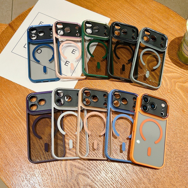 Simple Camera frame Magnetic clear Phone case for iPhone 17 16 15 14 Pro Max lens black Transparent Frosting Sturdy back Cover