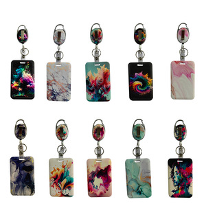 UV marble easy-open buckle name tag and card <b>holder</b> set, work <b>ID</b> card protector, badge clip, roller, and pull cord puller. - Product Image 1