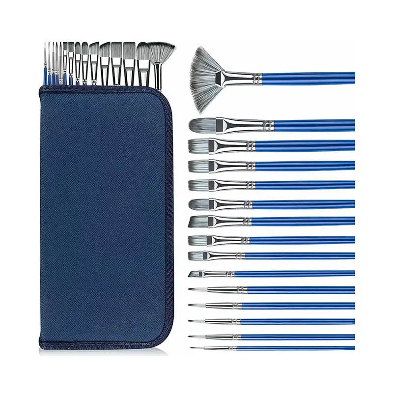 Bview Art Hot Selling Blue Handle Acrylic Oil Paint Brushes 15 pcs set For Artist