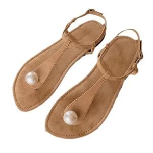 Sandalias Planas de Piel Vacuna con Tira en T y Punta Descubierta, Versátiles y Elegantes, con Perlas Blancas Australianas, para Mujer - Product Image 3