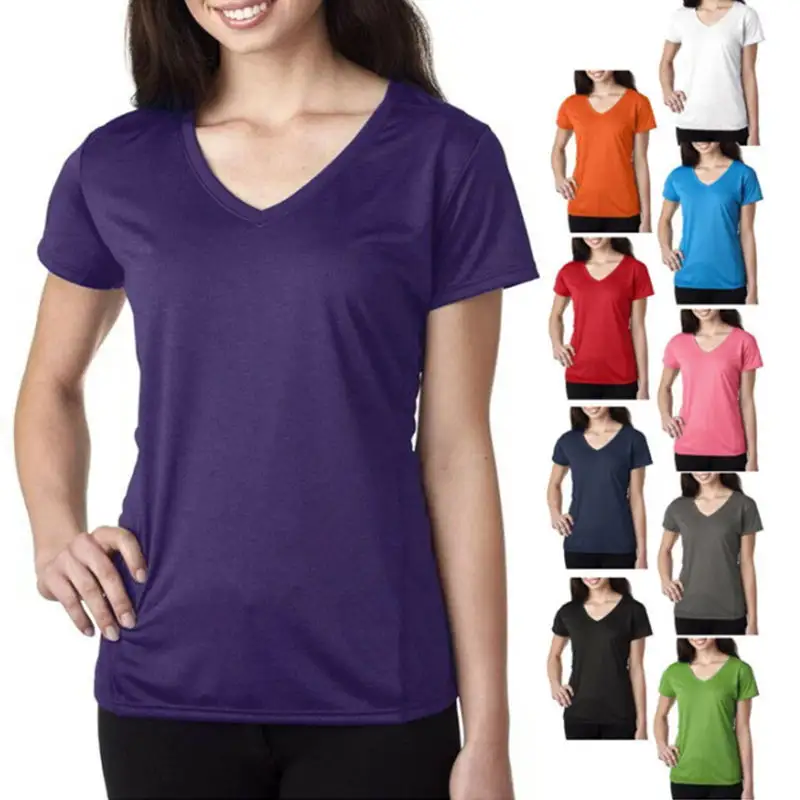 Kadın kısa kollu V boyun gömlek düzenli özel baskı kadın t-shirt boş düz pamuklu T Shirt fabrika baskı