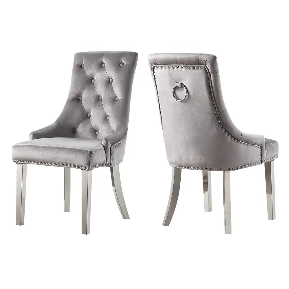 Silla de comedor tapizada de lujo para restaurante, mueble de tela de terciopelo, pie de acero inoxidable, color gris, europeo
