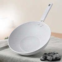 Wok en acier au carbone blanc antiadhésif de haute qualité 30/32 cm, poêle à fond plat antiadhésif en acier au carbone pour cuisinière à gaz