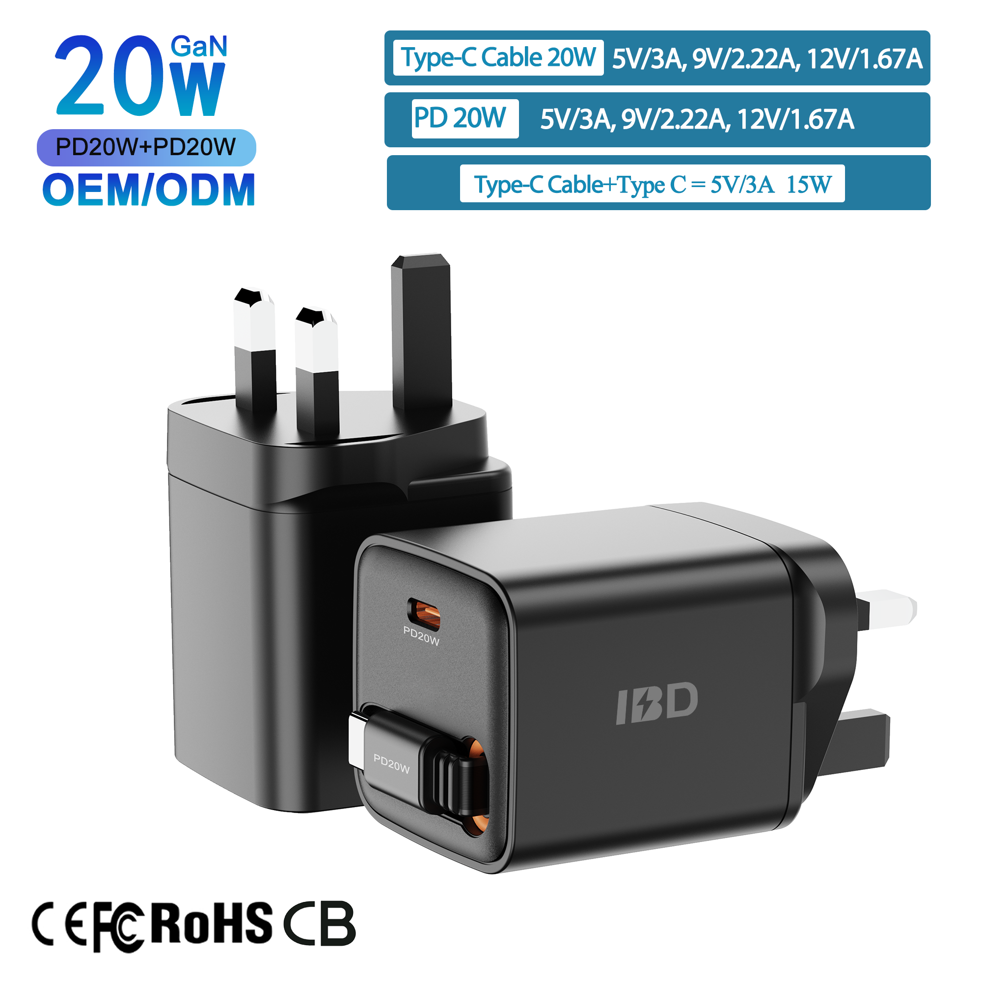 Cargador Rápido de 20W 2C con Enchufe UK