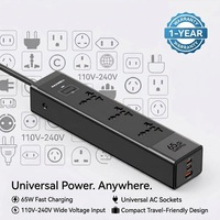 Regleta de Enchufes Universal Global con 3 Tomas de CA 110V-240V, Adaptador de Viaje de 65W GaN con Carga Rápida y 3 Puertos USB para Laptop, Teléfono, Tablet y Oficina