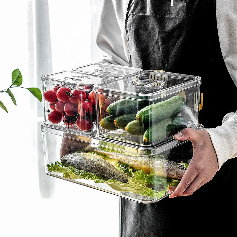 Nhà Bếp BPA-free 3 Kích Cỡ Stackable Nhựa Trong Suốt Đựng Thức Ăn Bin Tủ Lạnh Lưu Trữ Organizer Với Xử Lý