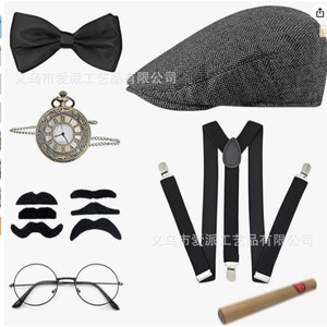 Men's Vest Shirt <b>Set</b> With Hat Pocket Watch Tie <b>Suspenders</b> Beard For Daily Wear Black Solid Color Polyester Fiber - Product Image 3