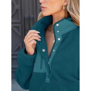 Women Fleece Pullover Sherpa Sweatshirt <b>Long</b> <b>Sleeve</b> Button Warm Soft Color Block Jacket Pockets Winter Coat Polyester Filled - Product Image 5