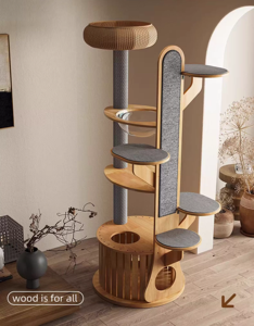 Luxury Multi Platform Solid Wooden Frame Pet <b>Scratching</b> Board Kraft Paper Rope Pole Sisal <b>Post</b> Rubber Wood Tree Tower - Product Image 4