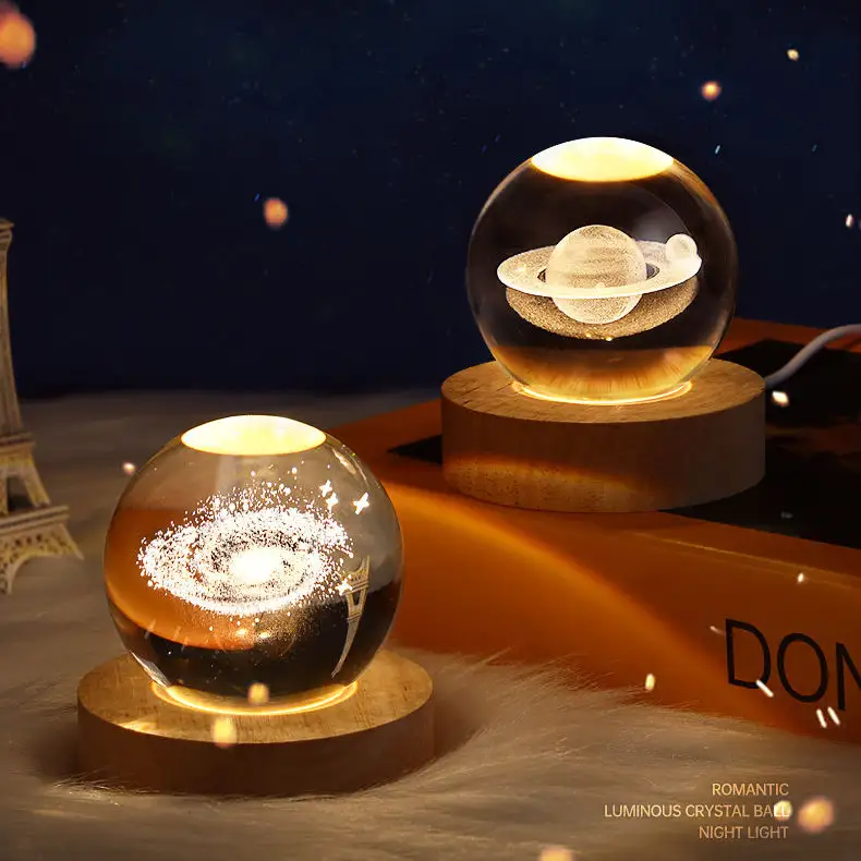 USB 3D Art Crystal Ball LED Moon Lamp Wooden Bottom Night Light Galaxy Star Bedroom Kids Girlfriends-Smart Home Bedside Lights