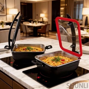 Scaldavivande a Tre Strati in Acciaio Inox 304, Pentola Riscaldante Nera per Buffet con Coperchio in Vetro, Adatta per Induzione - Product Image 1