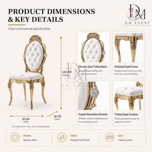 Chaise de mariage baroque capitonnée à dossier ovale en acier inoxydable doré avec coussin blanc pour événements de mariage et banquets – Sièges événementiels - Product Image 5