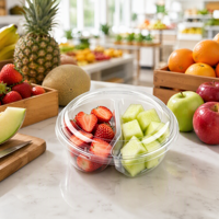 Conteneur à fruits transparent en PET écologique à 2 compartiments avec couvercle en dôme, couvercles séparés, bol jetable pour fruits frais coupés, nouilles, sushis et aliments