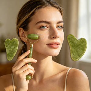 Rodillo Facial de Jade Antienvejecimiento en Oferta, Masajeador Facial Natural Verde, Rosa y Blanco para Cabeza, Cuello y Spa, Set de Rodillo Facial y Gua Sha - Product Image 1