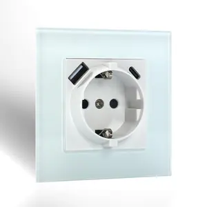 W 220 Volt Schuko 2P+E Socket With USB Type A Type C Outlets Glass Panel Germany Socket Outlet With USB
