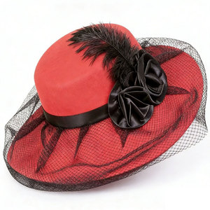 Sombrero Fascinador Vintage con Malla, Sombrero Fedora de Ala Ancha con Velo de Malla, Rosa de Satén y Pluma para Boda o Fiesta de Té - Product Image 2