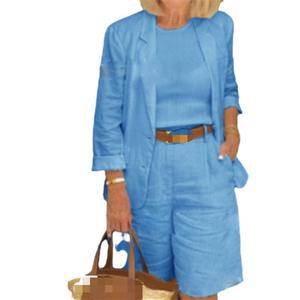 Abbigliamento Donna all'Ingrosso, Set 2 Pezzi Primaverile e Autunnale in Lino e Cotone, Top a Maniche Lunghe e Pantaloncini - Product Image 1