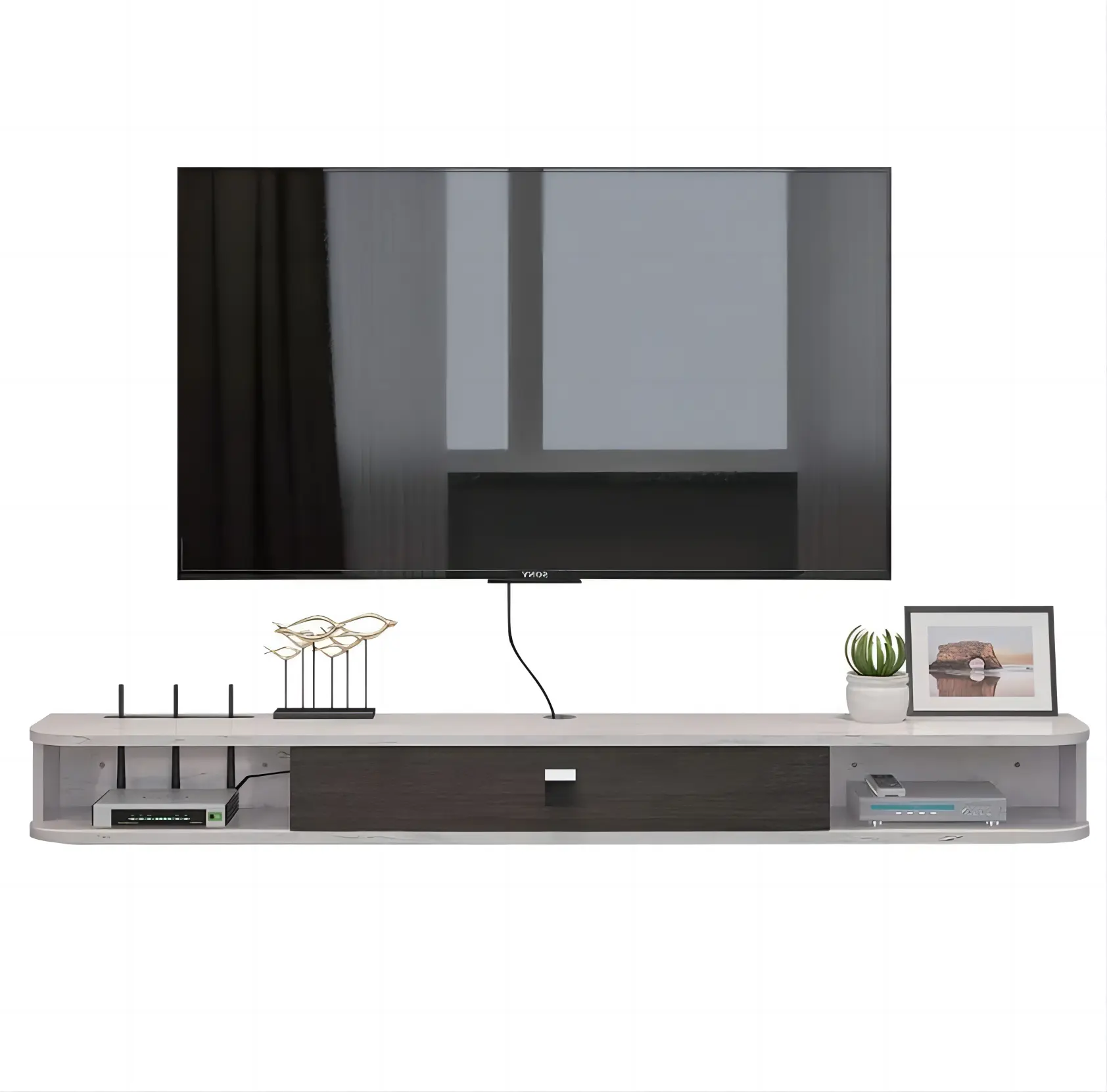 Moderno suporte de TV para sala de estar, prateleira flutuante de madeira maciça preto e branco, móveis para armários e móveis com portas de armazenamento