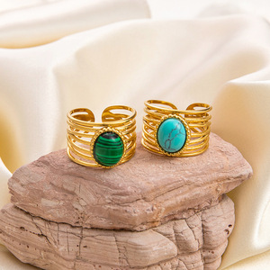 Bague en pierre naturelle style vintage plaquée or 18 carats, ajustable, en acier inoxydable, bijou unisexe, cadeau - Product Image 1