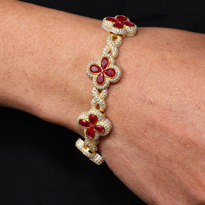 Pulsera de Trébol de Cuatro Hojas de Alta Calidad, Lujosa, de Latón con Gemas de Circonita Cúbica (CZ) Coloridas, Joyería de Cadena de Eslabones Estilo Hip Hop - Product Image 5