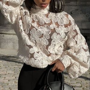 Camiseta blanca holgada con bordado hueco para mujer, de manga larga, con cuello alto, estilo pullover, a la moda. - Product Image 2