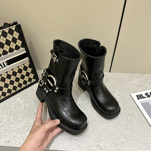 Autumn Winter Retro Women's Mid-Calf <strong>Square</strong> <strong>Toe</strong> Waterproof Motorcycle Western Cowboy <strong>Boots</strong> Chunky <strong>Heels</strong> Height Increasing Trend - Product Image 4
