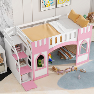 Lit mezzanine rose en forme de château avec rangement pour chambre d'enfant - Product Image 1
