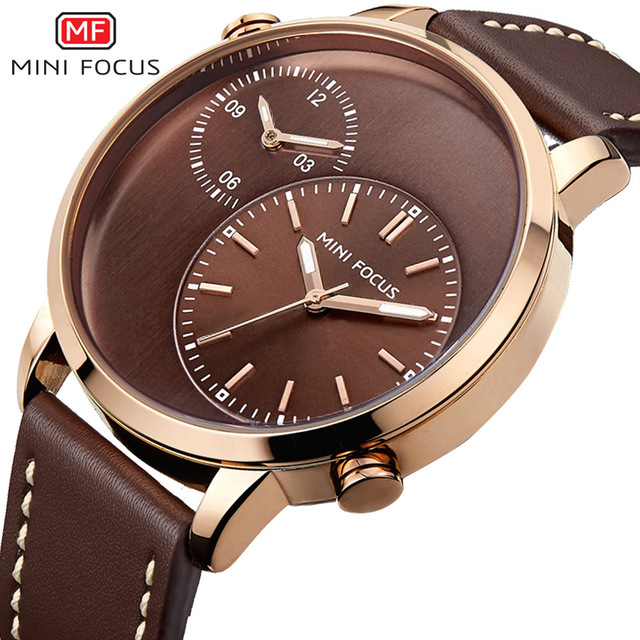MINI FOCUS 0035G Dual Time Zone Dials Japanese Movement Men Quartz Watches Luminous Waterproof Leather Band Wrist Watch