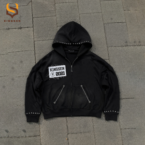 ผู้ผลิตเสื้อผ้าสตรีทแวร์ ปักลายตามสั่ง วินเทจ แอซิดวอช ผ้าเฟรนช์เทอร์รี่ แต่งดีเทลแบบดิสเทรส ประดับคริสตัล แอซิดวอช เสื้อฮู้ดซิป - Product Image 1