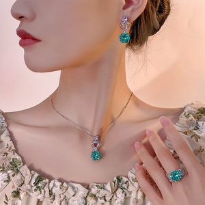 Factory Wholesale Eco-friendly Copper 12*12mm Paraiba Green Zircon Pendant <b>Earrings</b> Ring Jewellery <b>Set</b> for Women - Product Image 6