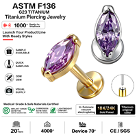 Piercing Labret Hélix Tragus Cartilage Lèvre en Titane G23 ASTM F136 avec Zircon Cubique Violet Marquise, sans filetage, à poussoir, 16G, plaqué or