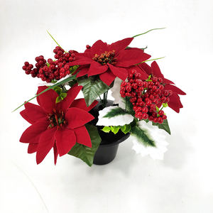 Fiore Funebre in Tessuto all'Ingrosso, Piccolo <span class=keywords><strong>Bonsai</strong></span> di <span class=keywords><strong>Poinsettia</strong></span> in Vaso, Impermeabile, Realistico, per Cimitero, Lapide, Natale, Artificiale - Product Image 6