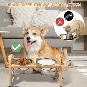 Soporte ajustable para tazón de mascotas de bambú, elevado y antideslizante, para gatos y perros - Product Image 4