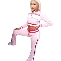 Ensemble sportif KY Femme Y2K avec veste zippée courte et pantalon évasé à rayures contrastées, tenue d'été