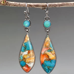 Orecchini Pendenti Stile Bohémien con Turchese, Placcati in Argento, a Goccia con Incastonatura a Castone, Gioielli alla Moda per Feste, in Lega - Product Image 4