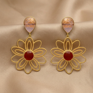 Juego de Aretes Colgantes Étnicos Dorados Unisex con Flores, Gema de Calcedonia Rosa Fucsia, Chapado en Oro de 14K/24K, Rodio, Certificado por Terceros - Product Image 3