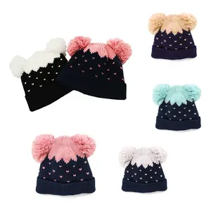 Bé Beanie cho cô gái chàng trai Jacquard đan Mũ mùa đông ấm cúng lót sọ cap đôi Pom Pom Mũ toques unisex bán buôn