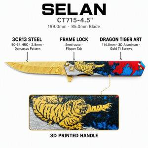 Navaja de Bolsillo Plegable Art Series 3D Dragon Tiger 3CR13 con Hoja de 2.8mm, Mango de Aluminio, Bloqueo de Marco, Semi-automática, 199.0mm (7.83 Pulgadas) - Product Image 1