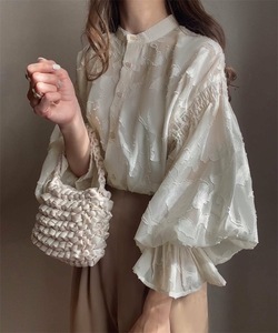 Camisa de Mujer con Cuello Alto, Manga Abullonada, Tejido Floral, Transparente, con Botones, Ecológica, Transpirable, Moda de Verano - Product Image 3