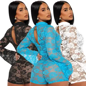 CUTENOVA 23RP080301 Plus Size Sexy Lace Flare Sleeve Round Neck Stretchy Rompers For Women Romper