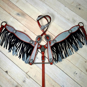 Ensemble de têtière et de collier de poitrail en cuir pour cheval western |   Équipement équestre fait main pour le rodéo et la ferme, avec franges colorées et motif tournesol - Product Image 1