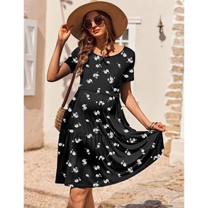 Abito da Allattamento Estivo a Maniche Corte, <span class=keywords><strong>Vestito</strong></span> <span class=keywords><strong>Premaman</strong></span> Casual Mini, <span class=keywords><strong>Nero</strong></span> Floreale in Morbido Cotone Elasticizzato con Scollo a V e Linea ad A - Product Image 6
