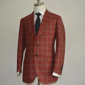 Оптовая продажа, ткань на заказ, шерстяной темно-красный клетчатый итальянский шерстяной мужской костюм, однобортный костюм на заказ
