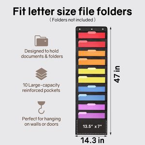 10 Pockets Hanging Wall <b>File</b> Organizer Black <b>Storage</b> Pocket Chart For Office And Classroom Punch Free Non Woven Fabric - Product Image 3