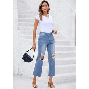 2025, pantalones vaqueros acampanados recortados de cintura alta a la moda para mujer, pantalones vaqueros con dobladillo crudo desgastados elásticos, diseño rasgado con características transpirables - Product Image 4