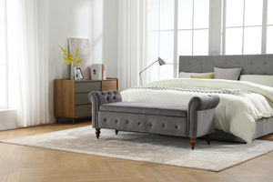 Banc de rangement moderne de luxe contemporain en bois massif avec pieds en forme de gourde, en tissu velours, pour chambre, appartement, entrée, villa, avec accoudoirs TOSEE - Product Image 4