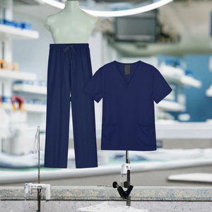 Ensemble de blouses médicales bleu marine pour femmes, haut à col en V avec poches et pantalon à cordon, uniforme d'hôpital, tissu polyester tissé - Product Image 3