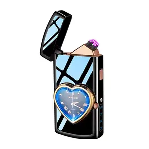 New style USB double arc pulse lighter plasma Touch heart shaped watch lighter battery indicator with clock lighter