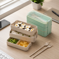 Boîte à lunch en paille de blé à trois niveaux avec compartiments scellés, en plastique, compatible micro-ondes, style bento japonais