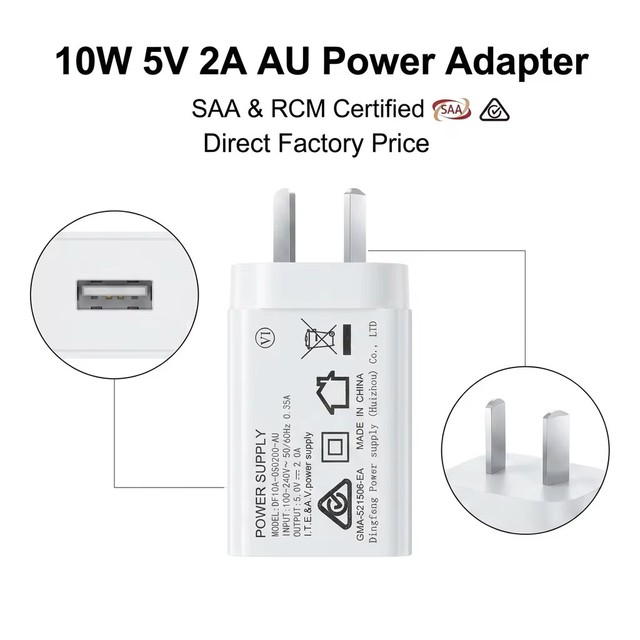 SAA RCM Approved 10W 5V 2A USB Power Adapter Factory Wholesale AU Plug USB Wall Charger for Smartphone Tablet